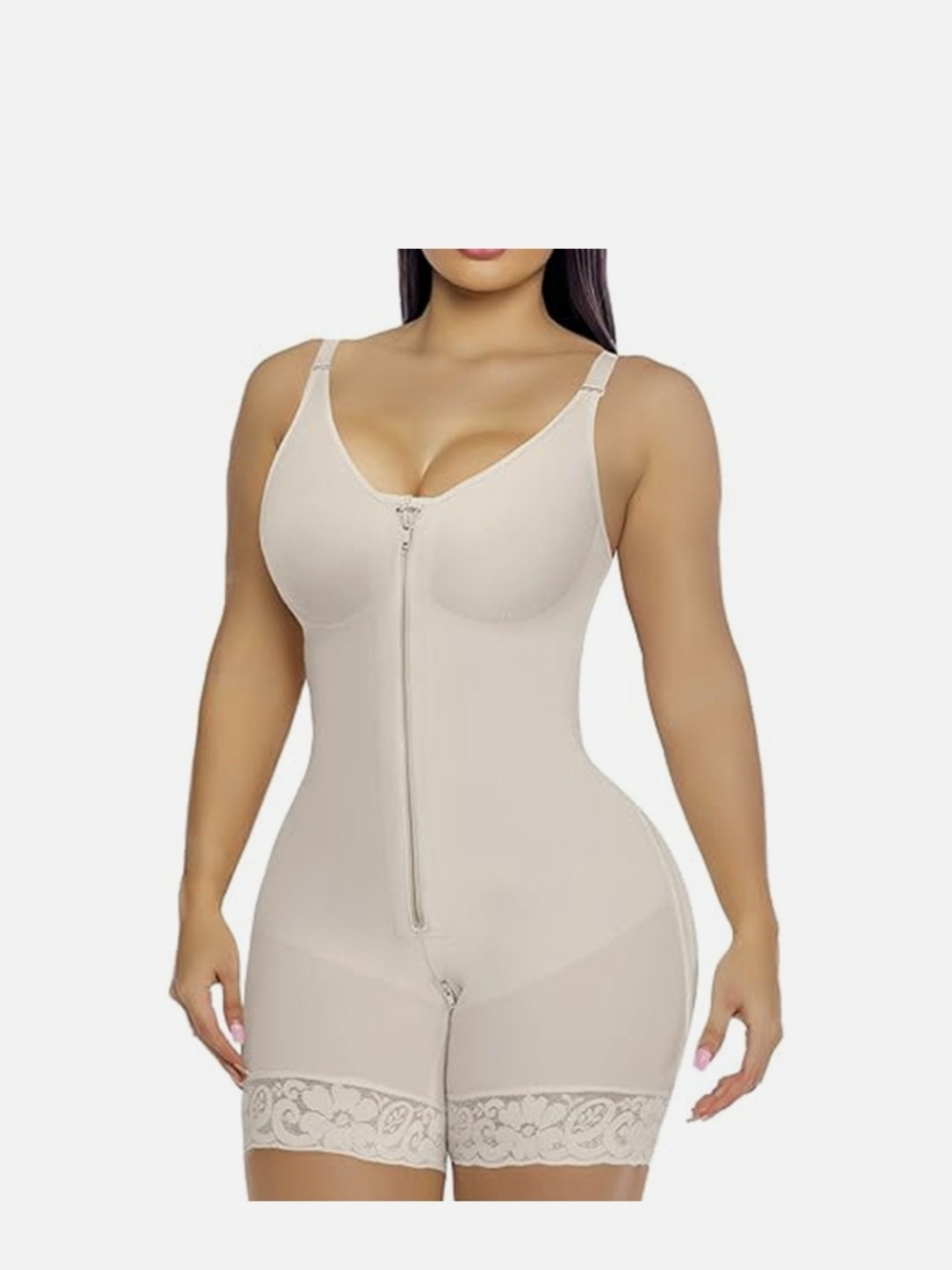Seamless Nude Full-Body Shapewear Bodysuit with Lace Hem